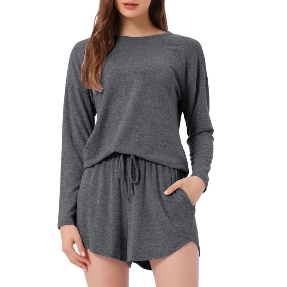 cheibear Women's Long Sleeve Top and Elastic Waistband Shorts Pajamas
